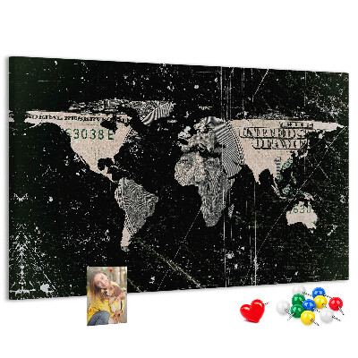 Tablica korkowa ozdobna Mapa świata na tle banknotu dolarowego