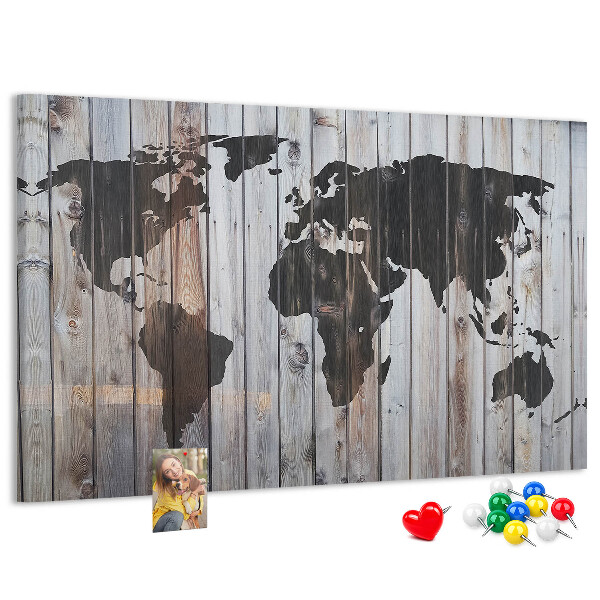 Tablica korkowa ozdobna Mapa świata na tle drewnianych desek