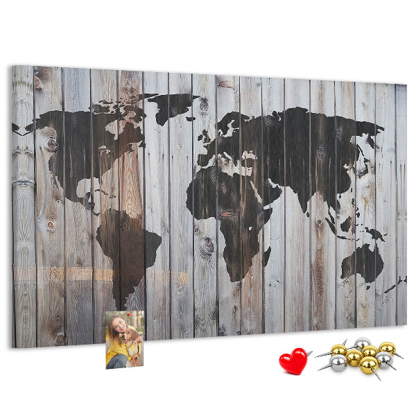 Tablica korkowa ozdobna Mapa świata na tle drewnianych desek