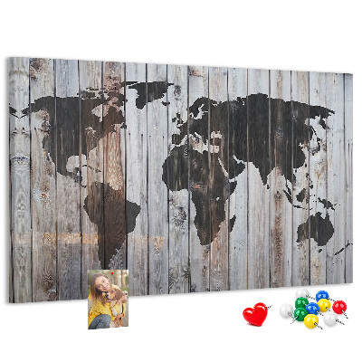 Tablica korkowa ozdobna Mapa świata na tle drewnianych desek