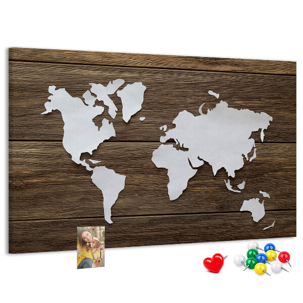 Tablica korkowa Mapa świata na drewnianym tle