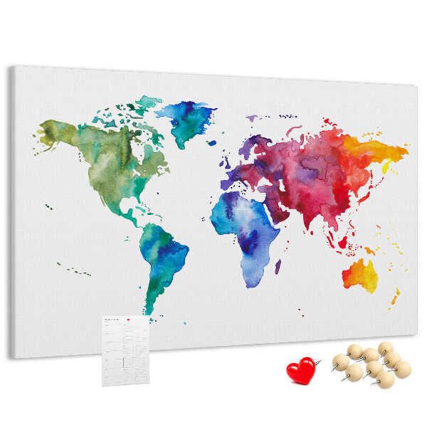 Tablica korkowa ozdobna Kolorowa mapa świata w akwareli