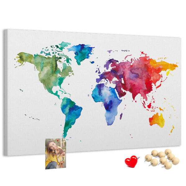Tablica korkowa ozdobna Kolorowa mapa świata w akwareli