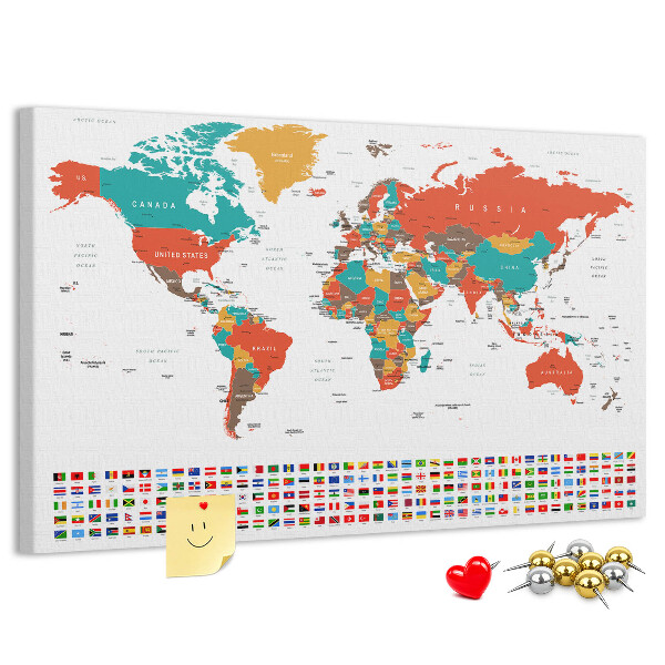 Tablica korkowa Mapa świata z flagami krajów