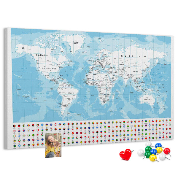 Tablica korkowa ozdobna Mapa świata z kolorowymi pinezkami