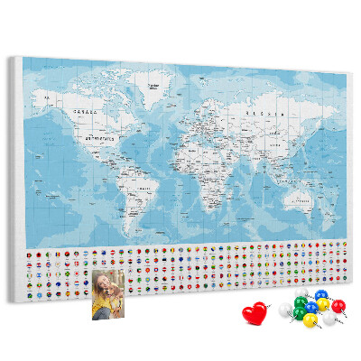 Tablica korkowa ozdobna Mapa świata z kolorowymi pinezkami