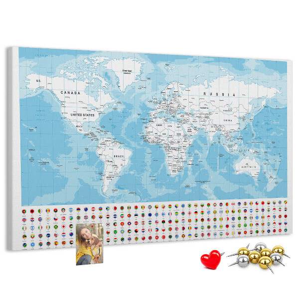 Tablica korkowa ozdobna Mapa świata z kolorowymi pinezkami