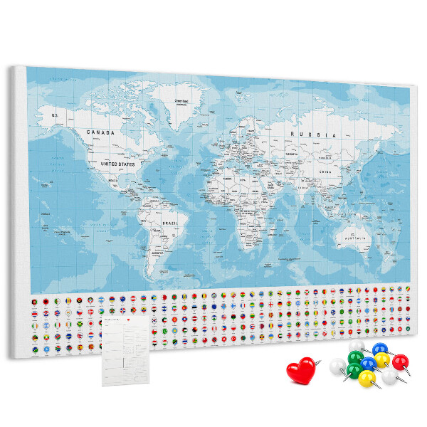 Tablica korkowa ozdobna Mapa świata z kolorowymi pinezkami