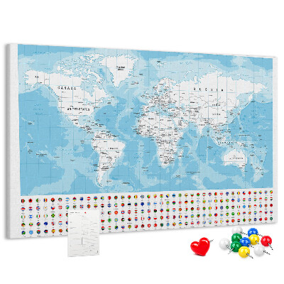 Tablica korkowa ozdobna Mapa świata z kolorowymi pinezkami