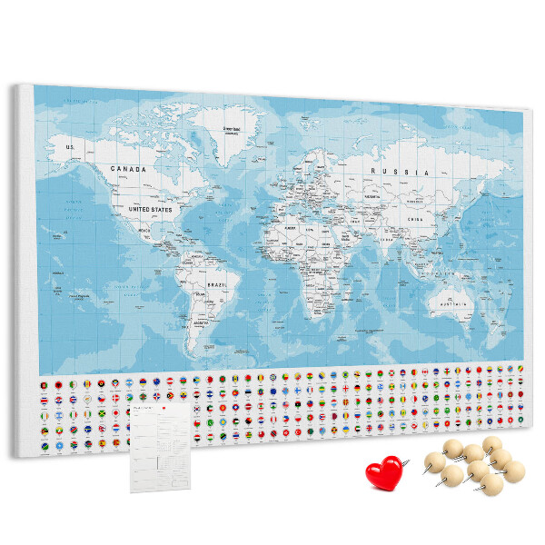 Tablica korkowa ozdobna Mapa świata z kolorowymi pinezkami
