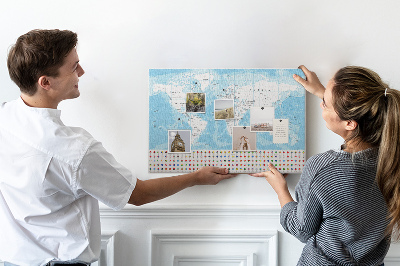 Tablica korkowa ozdobna Mapa świata z kolorowymi pinezkami