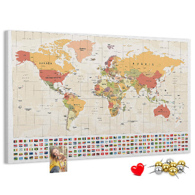Tablica korkowa z nadrukiem Mapa świata z kolorowymi flagami państw