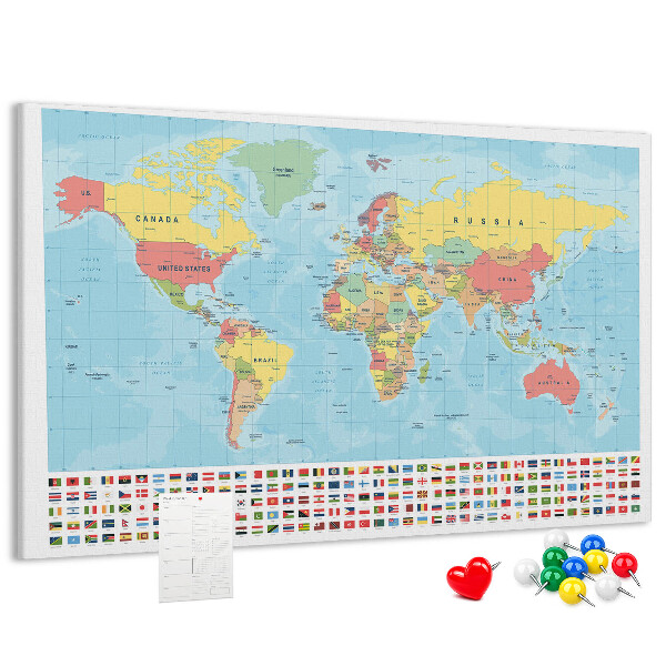 Tablica korkowa Mapa świata z kolorowymi flagami.