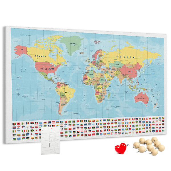 Tablica korkowa Mapa świata z kolorowymi flagami.