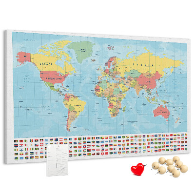 Tablica korkowa Mapa świata z kolorowymi flagami.