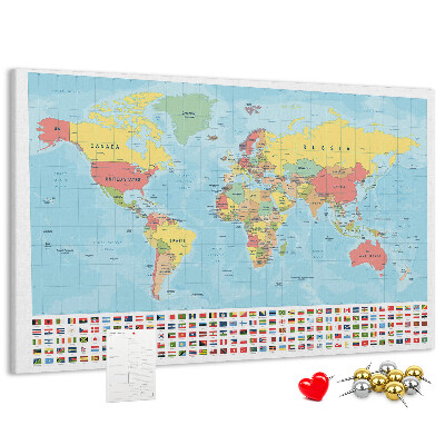 Tablica korkowa Mapa świata z kolorowymi flagami.