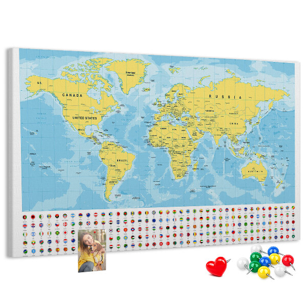 Tablica korkowa z nadrukiem Mapa świata z kolorowymi pinezkami