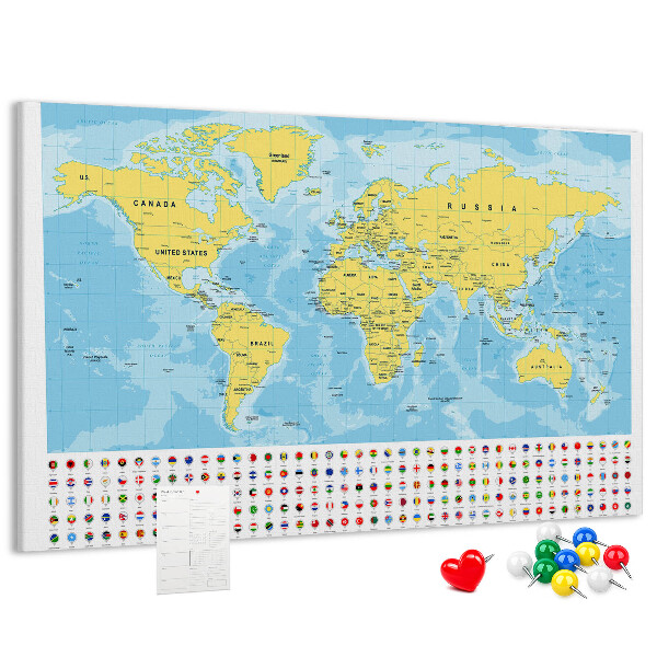 Tablica korkowa z nadrukiem Mapa świata z kolorowymi pinezkami