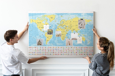 Tablica korkowa z nadrukiem Mapa świata z kolorowymi pinezkami