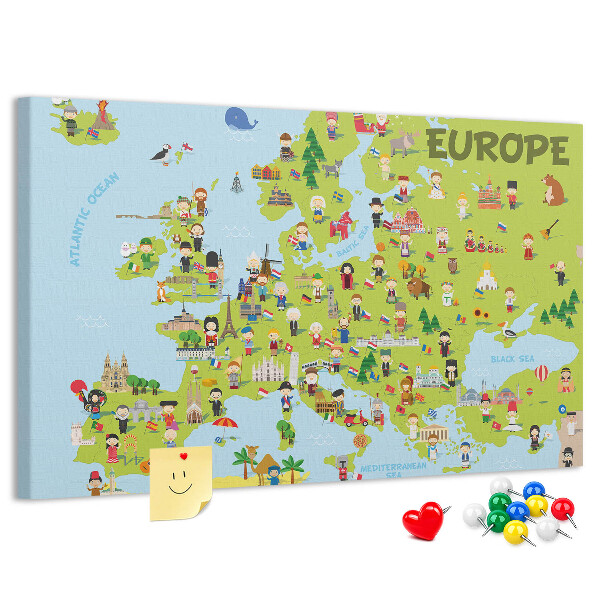 Tablica korkowa Kolorowa mapa Europy z ikonami kultury
