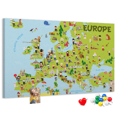 Tablica korkowa Kolorowa mapa Europy z ikonami kultury