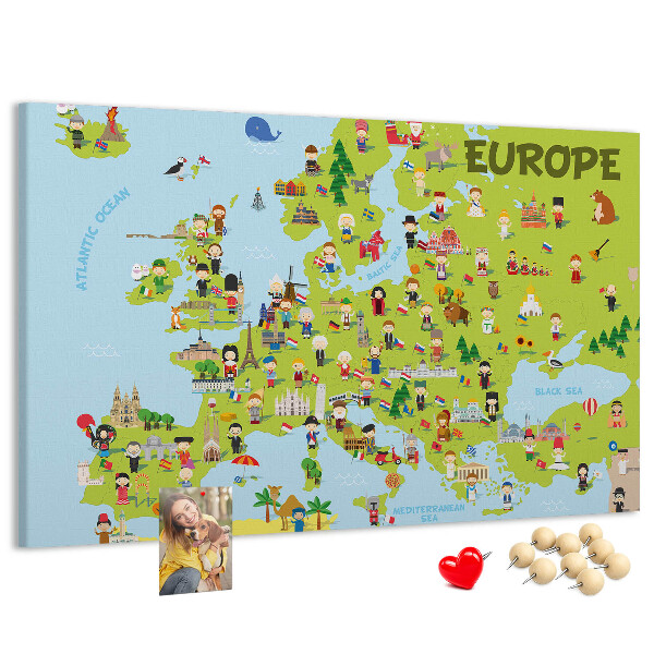 Tablica korkowa Kolorowa mapa Europy z ikonami kultury