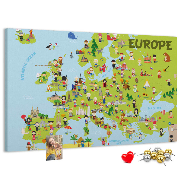 Tablica korkowa Kolorowa mapa Europy z ikonami kultury