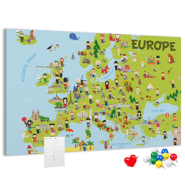 Tablica korkowa Kolorowa mapa Europy z ikonami kultury