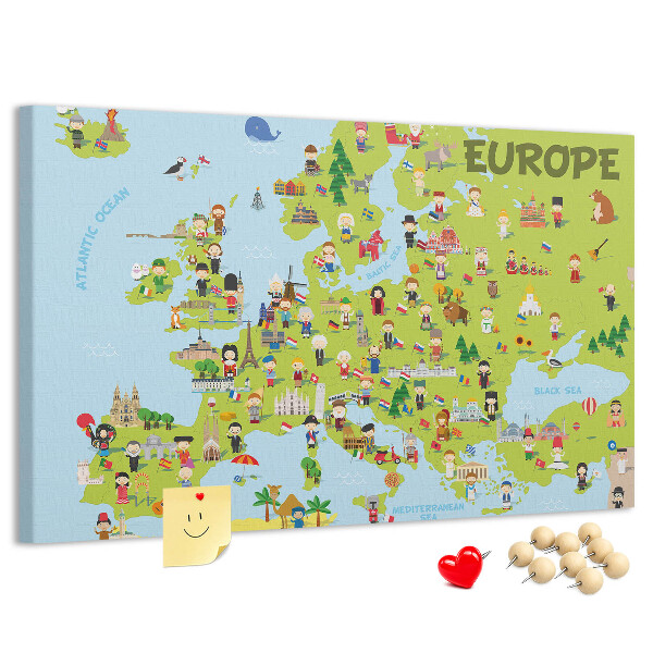 Tablica korkowa Kolorowa mapa Europy z ikonami kultury