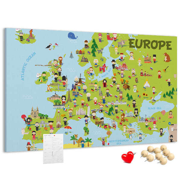 Tablica korkowa Kolorowa mapa Europy z ikonami kultury