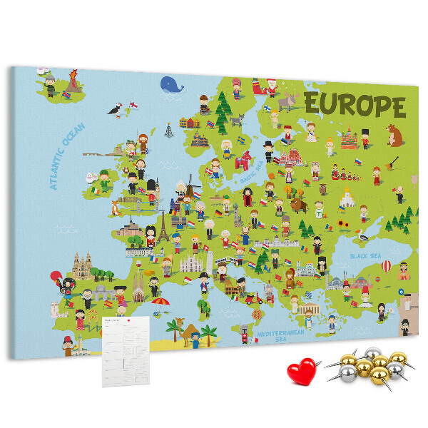 Tablica korkowa Kolorowa mapa Europy z ikonami kultury
