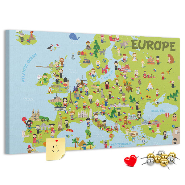 Tablica korkowa Kolorowa mapa Europy z ikonami kultury