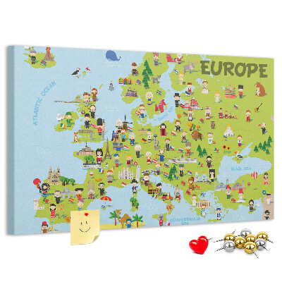 Tablica korkowa Kolorowa mapa Europy z ikonami kultury