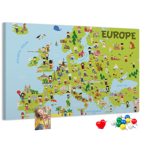 Tablica korkowa Kolorowa mapa Europy z ikonami kultury