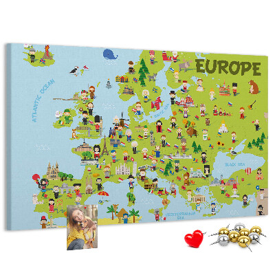 Tablica korkowa Kolorowa mapa Europy z ikonami kultury