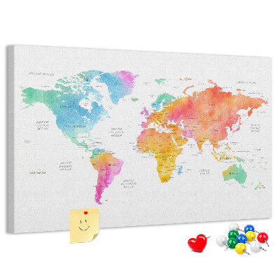 Tablica korkowa z nadrukiem Kolorowa mapa świata w akwareli.