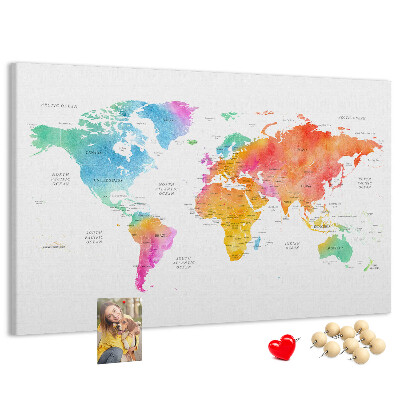 Tablica korkowa z nadrukiem Kolorowa mapa świata w akwareli.