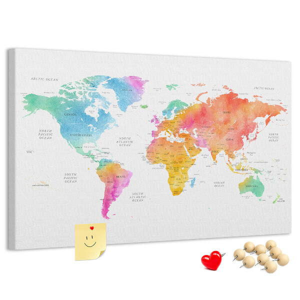 Tablica korkowa z nadrukiem Kolorowa mapa świata w akwareli.