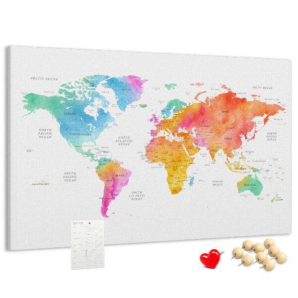 Tablica korkowa z nadrukiem Kolorowa mapa świata w akwareli.