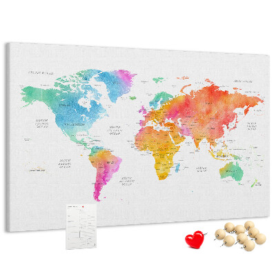 Tablica korkowa z nadrukiem Kolorowa mapa świata w akwareli.