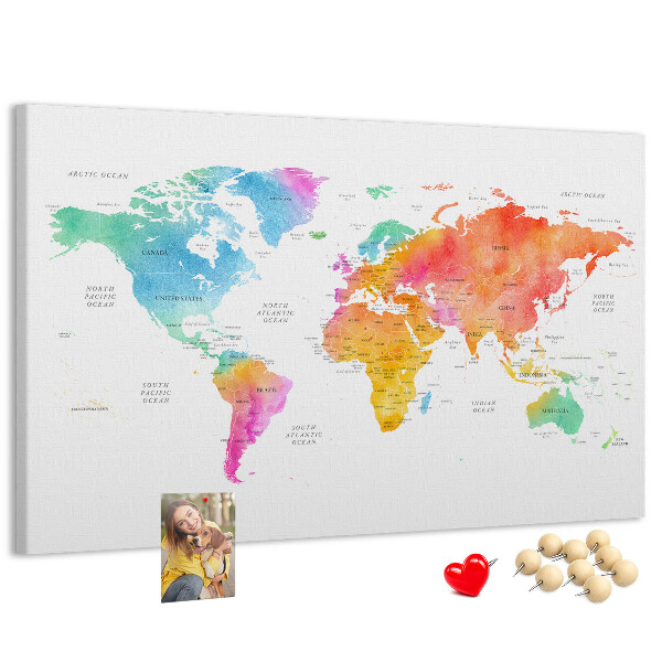Tablica korkowa z nadrukiem Kolorowa mapa świata w akwareli.