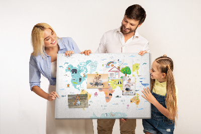 Tablica korkowa ozdobna Mapa świata z ilustracjami zwierząt.