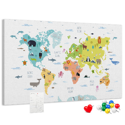 Tablica korkowa ozdobna Mapa świata z ilustracjami zwierząt.