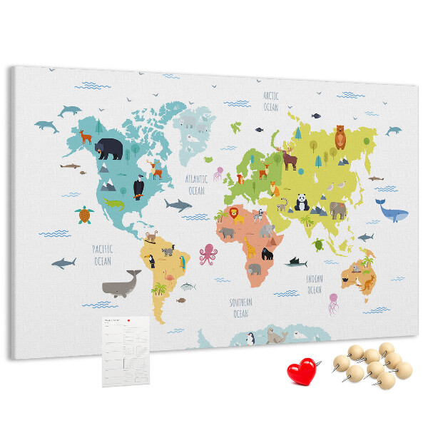 Tablica korkowa ozdobna Mapa świata z ilustracjami zwierząt.