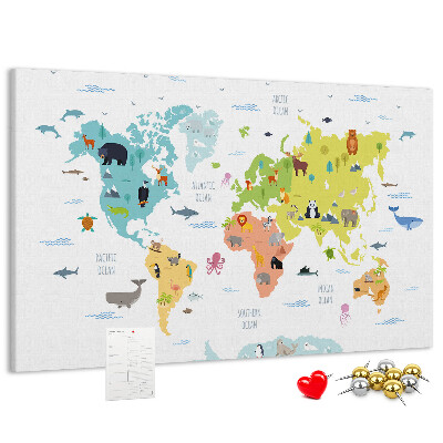 Tablica korkowa ozdobna Mapa świata z ilustracjami zwierząt.