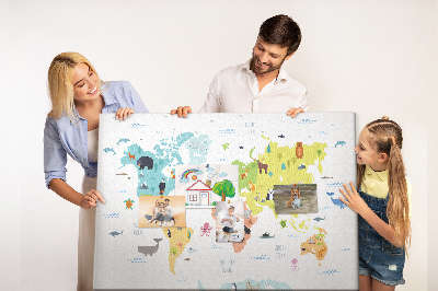 Tablica korkowa ozdobna Mapa świata z ilustracjami zwierząt.