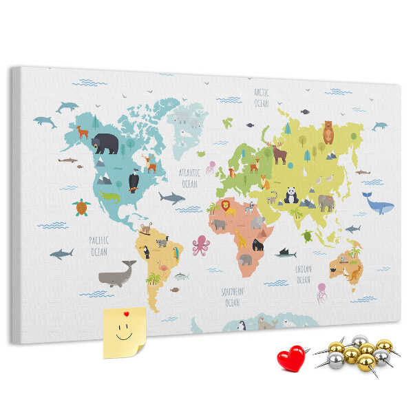 Tablica korkowa ozdobna Mapa świata z ilustracjami zwierząt.