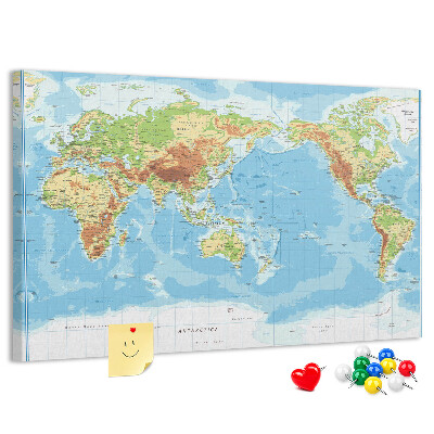Tablica korkowa Mapa świata z kolorowymi kontynentami.