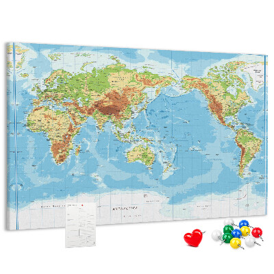 Tablica korkowa Mapa świata z kolorowymi kontynentami.
