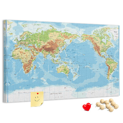 Tablica korkowa Mapa świata z kolorowymi kontynentami.